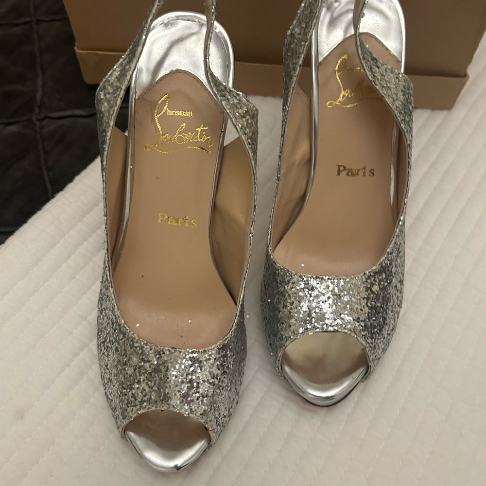 Christian Louboutin Silver Glitter Peep-Toe Slingbacks